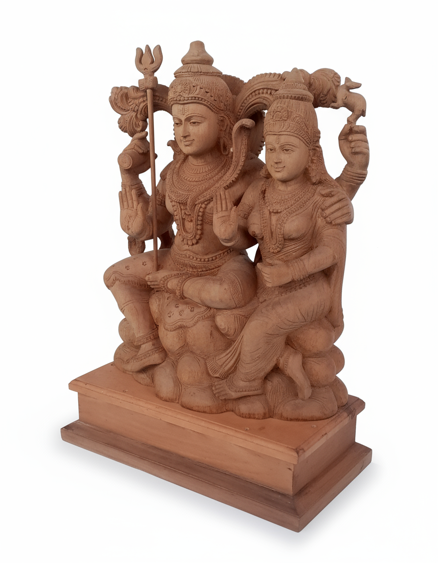 Exquisite Wooden Shiva Parvati Statue – Handcrafted Hindu Deity Idol for Home & Temple Décor