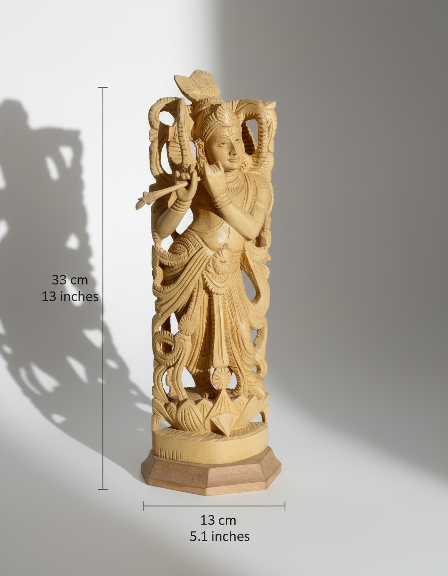Beautiful Wooden Lord Krishna Statue with Flute – Handcrafted Carved Idol for Home & Office Décor
