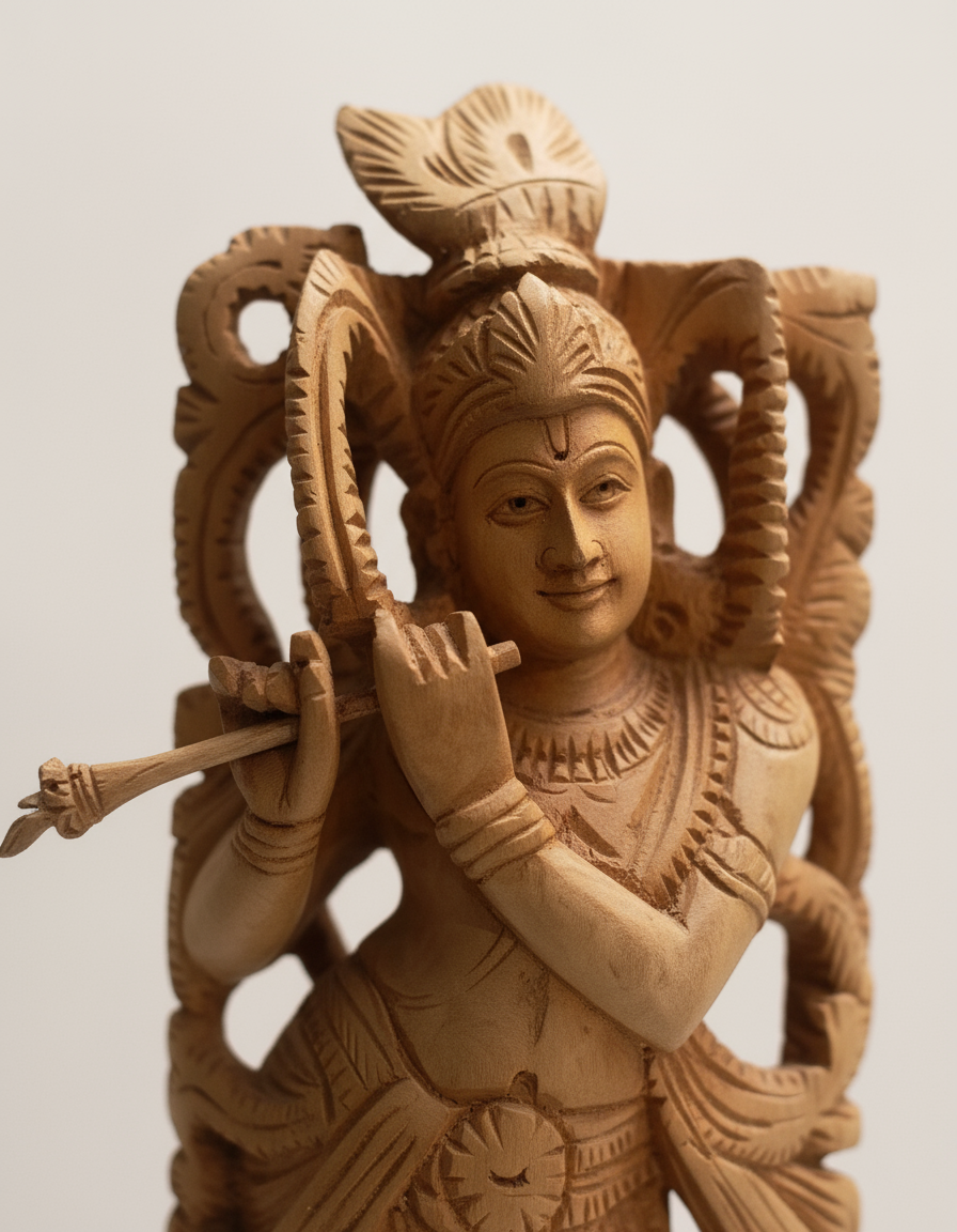 Beautiful Wooden Lord Krishna Statue with Flute – Handcrafted Carved Idol for Home & Office Décor
