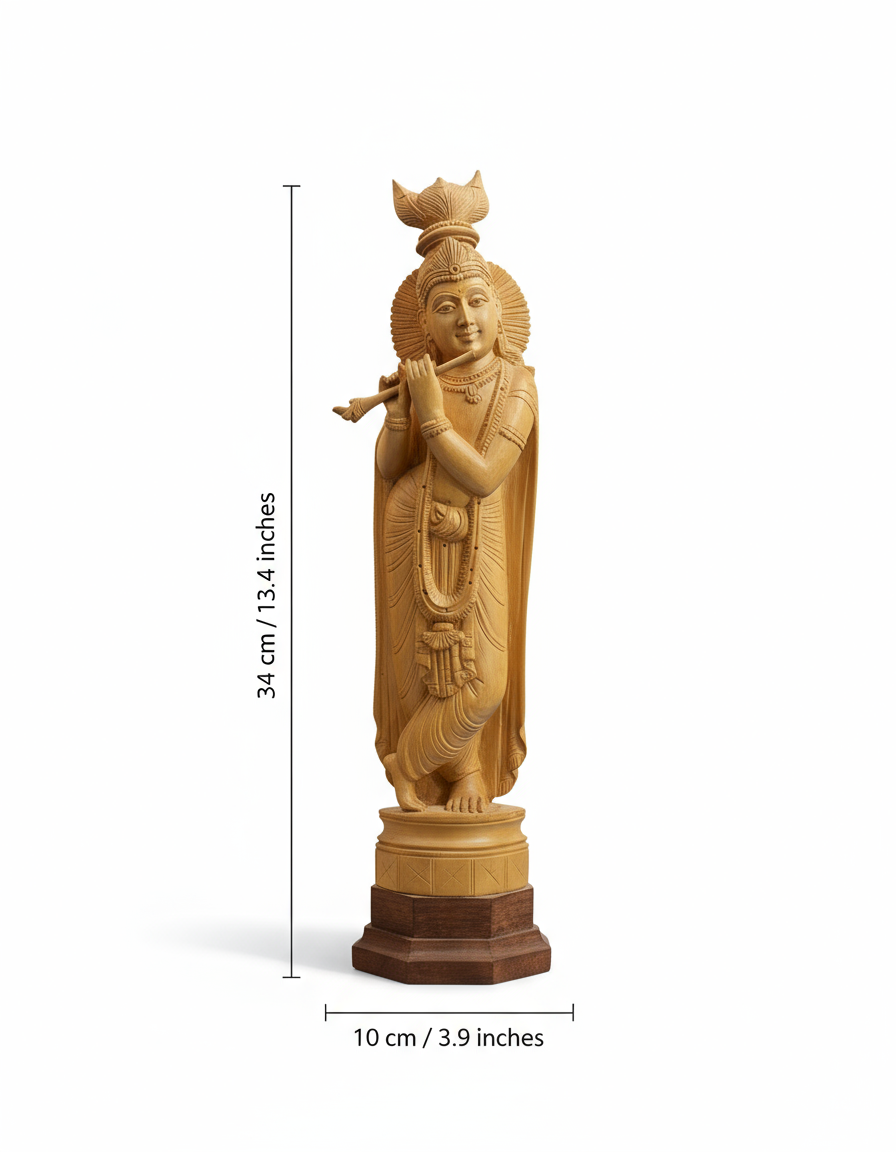Elegant Wooden Lord Krishna Statue with Flute – Handcrafted Idol for Home & Office Décor.