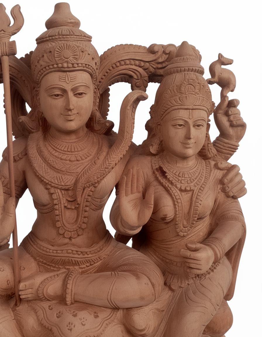 Exquisite Wooden Shiva Parvati Statue – Handcrafted Hindu Deity Idol for Home & Temple Décor