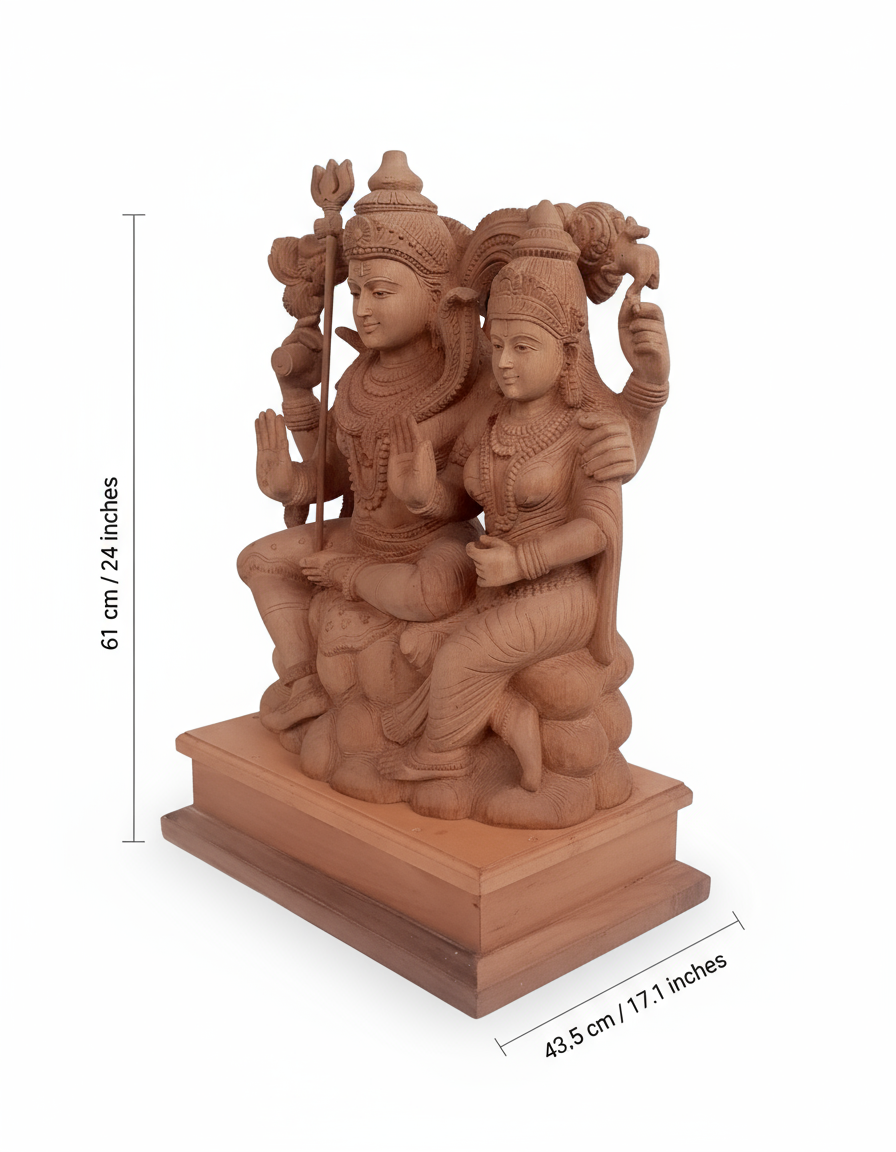 Exquisite Wooden Shiva Parvati Statue – Handcrafted Hindu Deity Idol for Home & Temple Décor