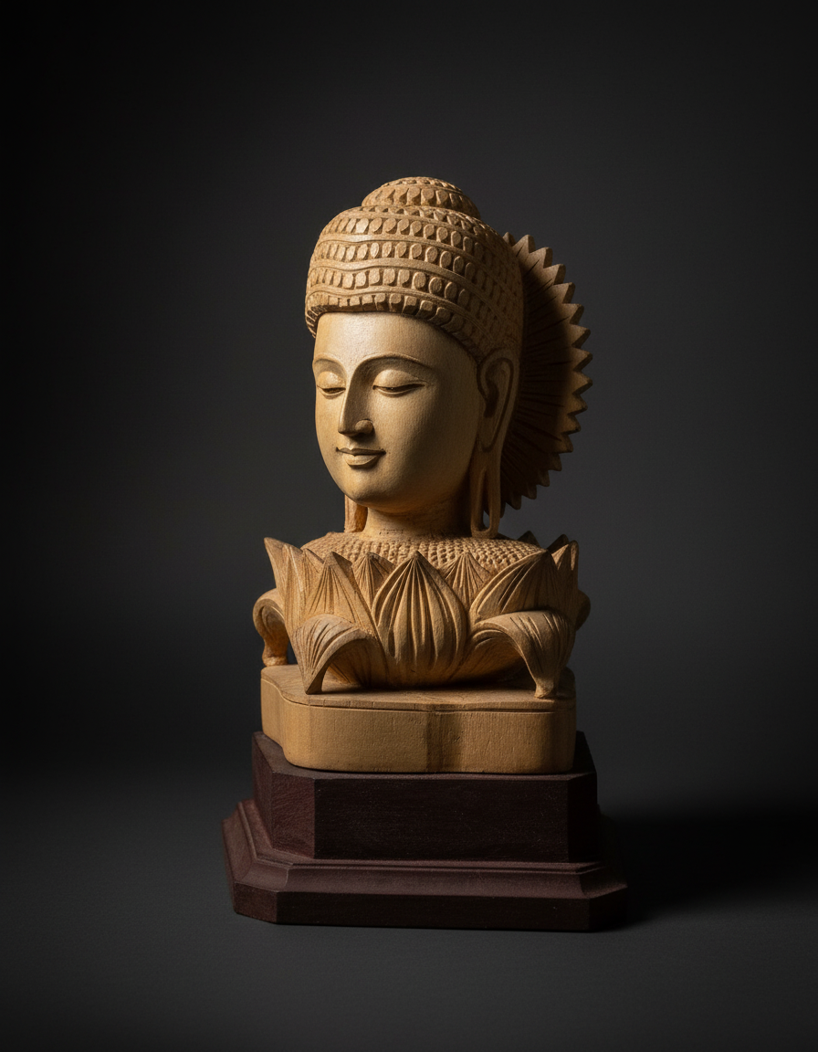 Elegant Wooden Buddha Head Statue – Handcrafted Lotus Base Idol for Home & Office Décor.