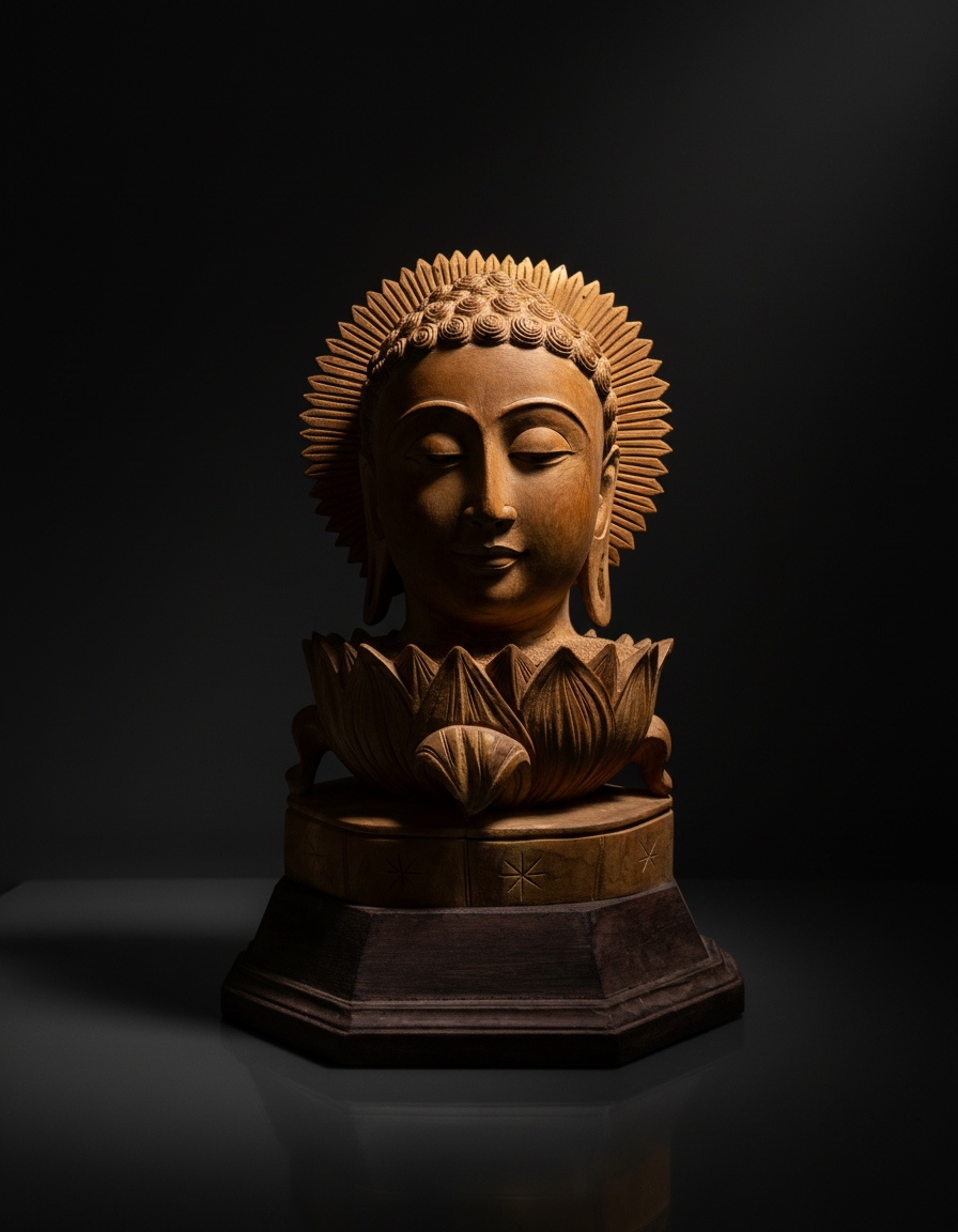 Wooden Buddha Head Statue – Handcrafted Lotus Base Idol for Peaceful Home & Office Décor