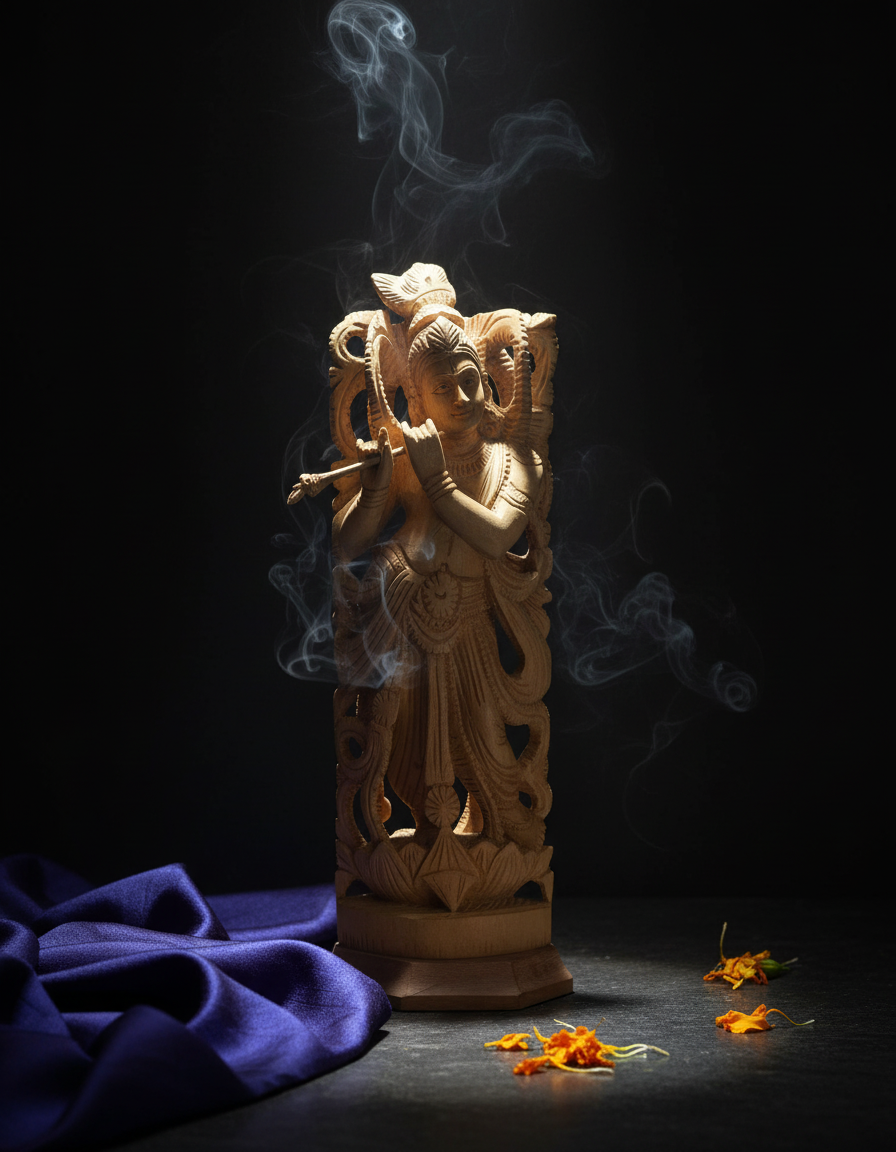 Beautiful Wooden Lord Krishna Statue with Flute – Handcrafted Carved Idol for Home & Office Décor