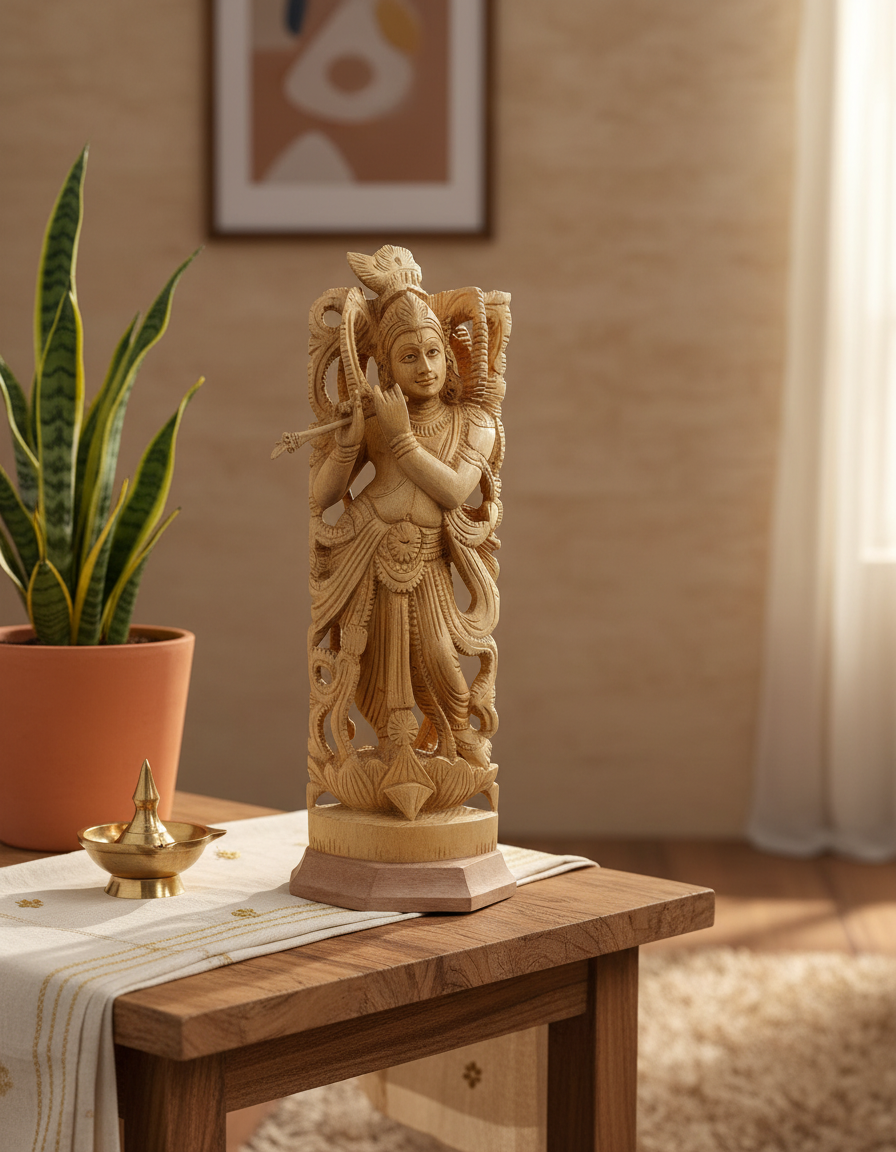 Beautiful Wooden Lord Krishna Statue with Flute – Handcrafted Carved Idol for Home & Office Décor