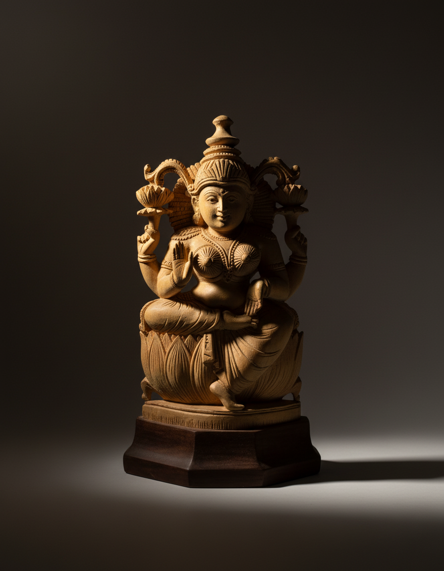 Handcrafted Wooden Lakshmi Idol – Goddess of Wealth and Prosperity Home Décor