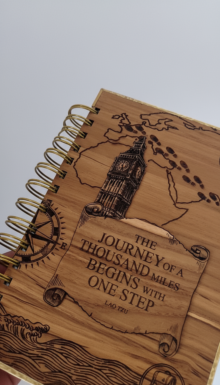 Engraved Wooden Cover Notebook – Travel Journal with Inspirational Quote