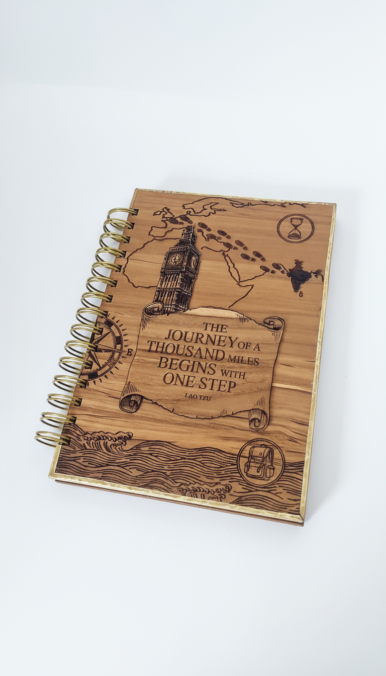 Engraved Wooden Cover Notebook – Travel Journal with Inspirational Quote