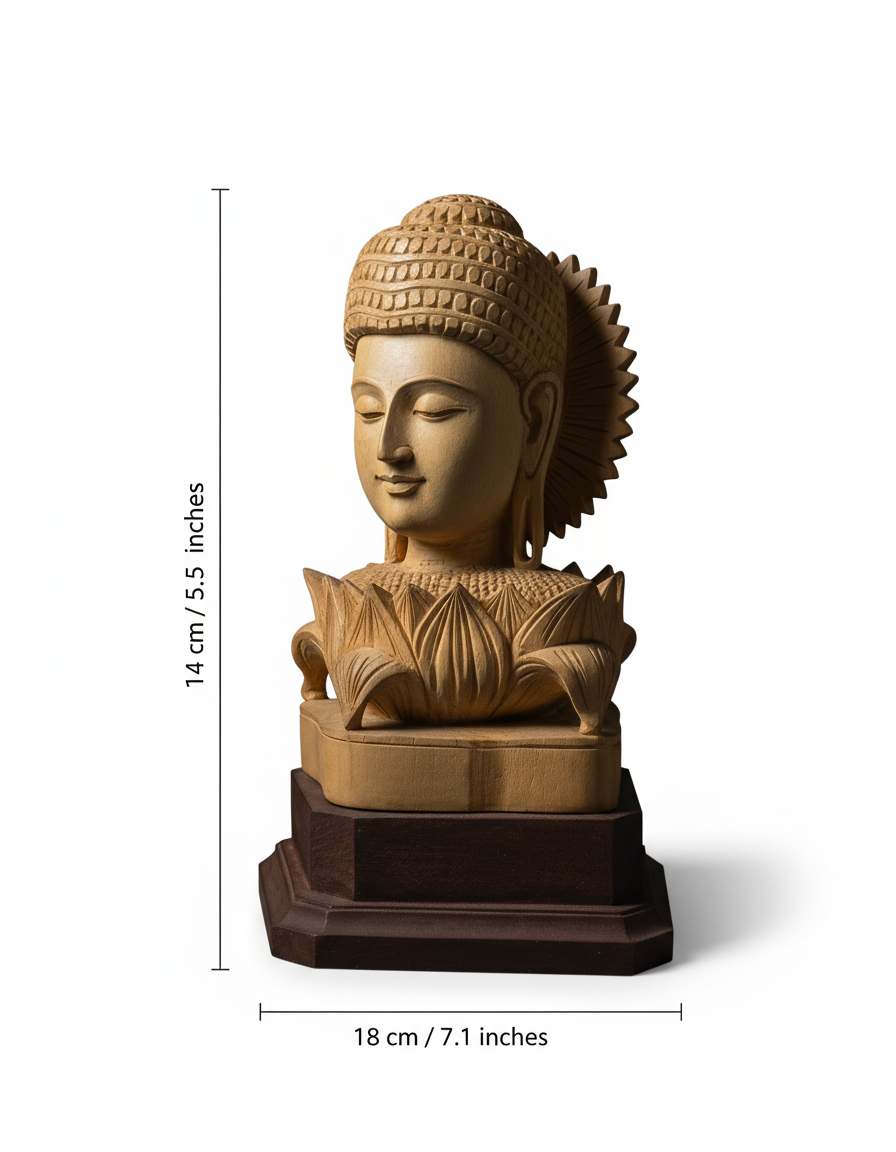 Elegant Wooden Buddha Head Statue – Handcrafted Lotus Base Idol for Home & Office Décor.