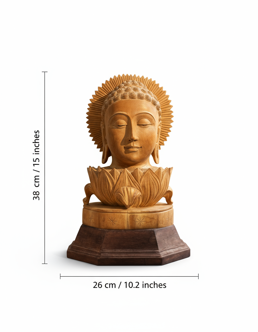 Wooden Buddha Head Statue – Handcrafted Lotus Base Idol for Peaceful Home & Office Décor